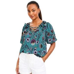 LOFT Botanical Lace Up‎ Ruffle Top Floral Green Size M Nwot